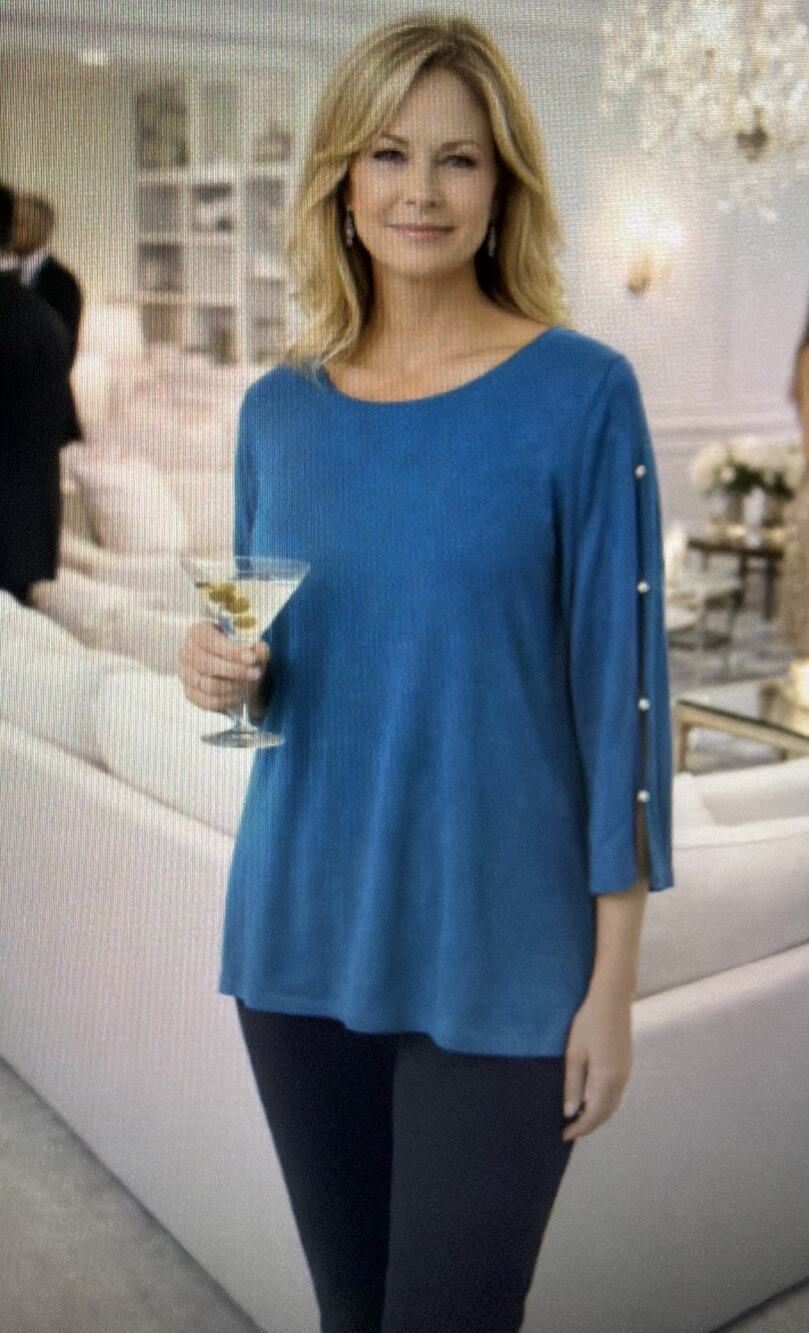 Chico’s 2 large turquoise Slit Sleeves Cashmere bld Sweater rhinestones party
